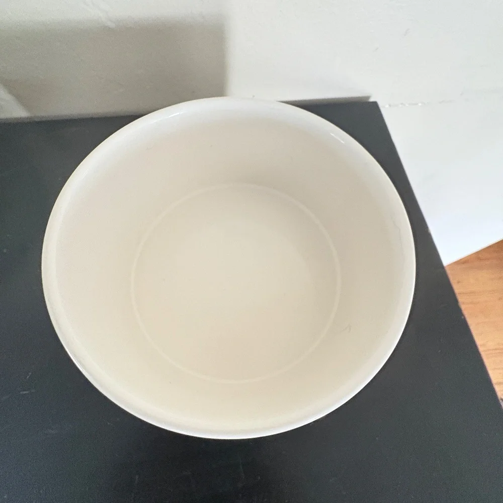 Rae Dunn FEAST dog feeding dish, round white ceramic, black lettering, 6